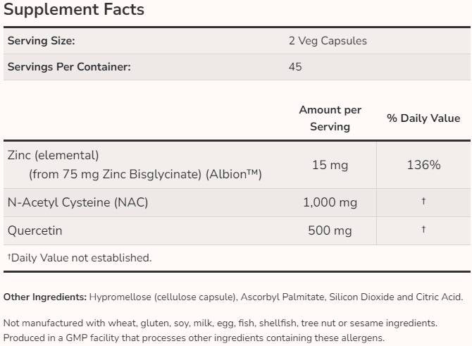 NAC | with Quercetin & Zinc [90 капсули, 45 Дози]