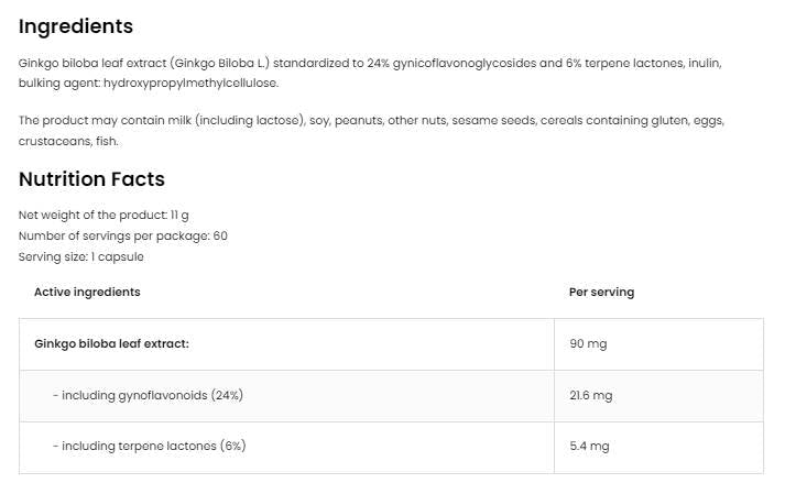 Ginkgo Biloba 90 mg / Vege - 60 capsules