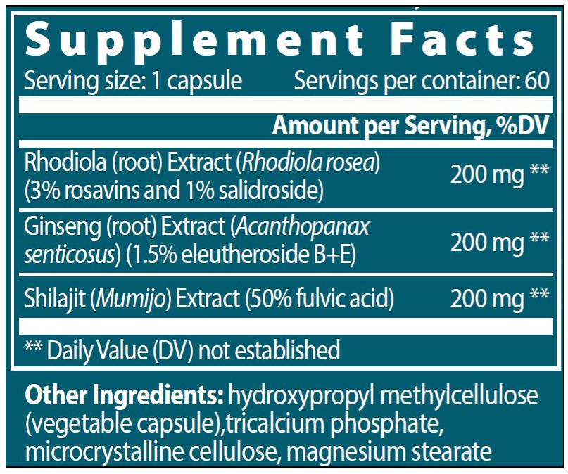 Rytų adaptogenas | Rhodiola + Ginseng + Shilajit - 60 kapsulės