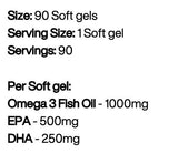 Omega 3 High Strength | 500 mg EPA and 250 mg DHA 90 gel capsules