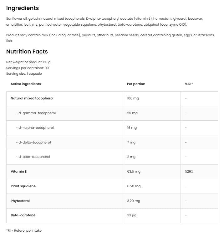 Vitamin E / Natural Tocopherols Complex 90 Гел капсули - Feel You