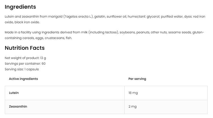 Lutein 18 mg + Zeaxanthin 2 mg 60 capsules