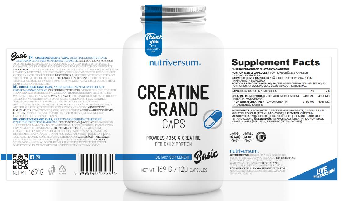 Creatine Grand Caps | Creatine Monohydrate 120 капсули - Feel You