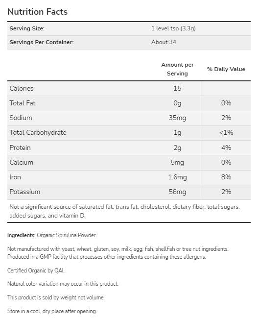 Spiruliinipulber | Sertifitseeritud orgaaniline - 113 grammi