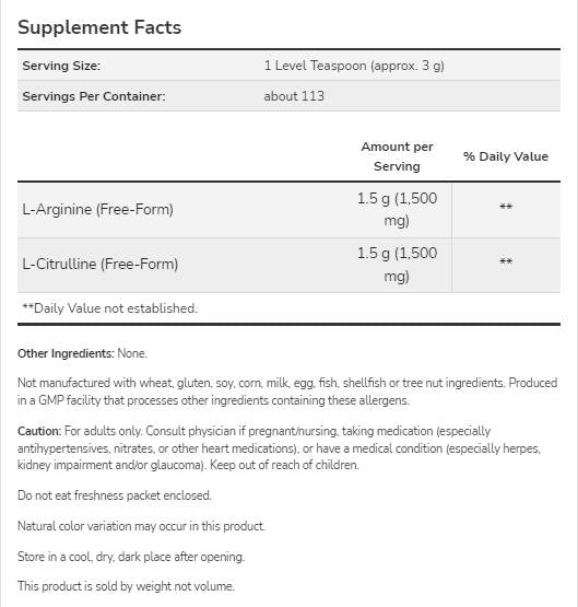 Arginine & Citrulline Powder | 1: 1 Ratio - 340 grams