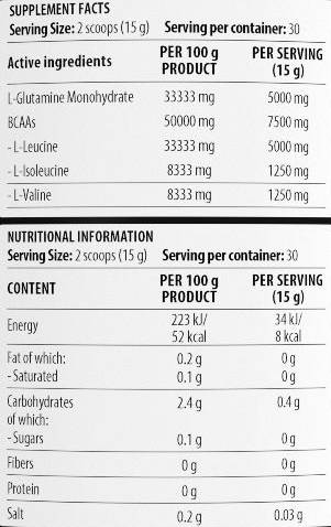 Suure intensiivsusega treening BCAA 4: 1: 1 + glutamiin - 450 grammi