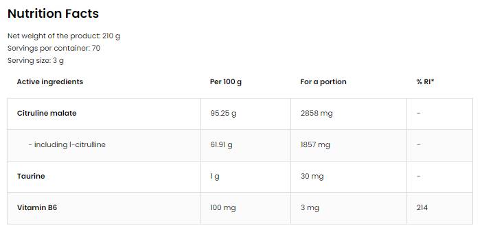 Pó de malato de citrulina ostrovit [210 gramas, 70 doses]