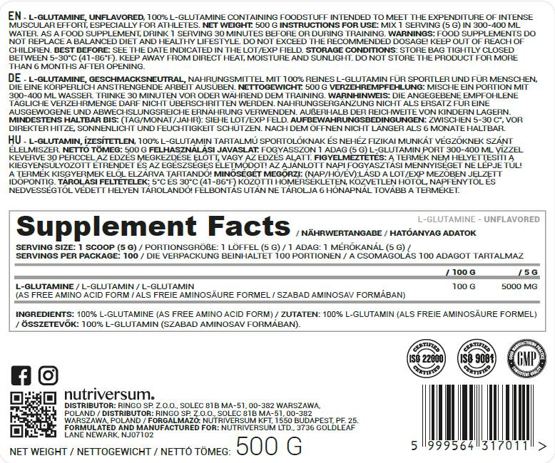 L -Glutamine Powder - 500 gramas