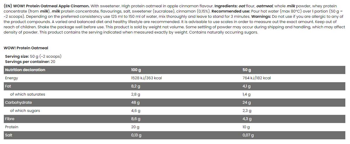 WOW ! Protein Oatmeal | 20% Protein - No Sugar Added - 1000 грама - Feel You