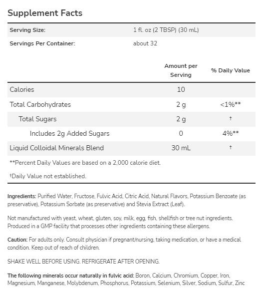 Collidal Minerals | Fulvic Acid Trace Minerals - Raspberry Flavor - 946 ml