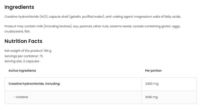 Kreatiin HCL 2400 / kreatiinvesinikkloriid - 300 kapslit