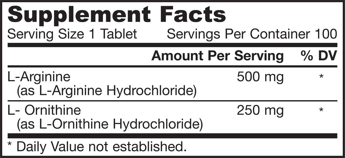 Arginine + Ornithine 750 mg 100 tablets