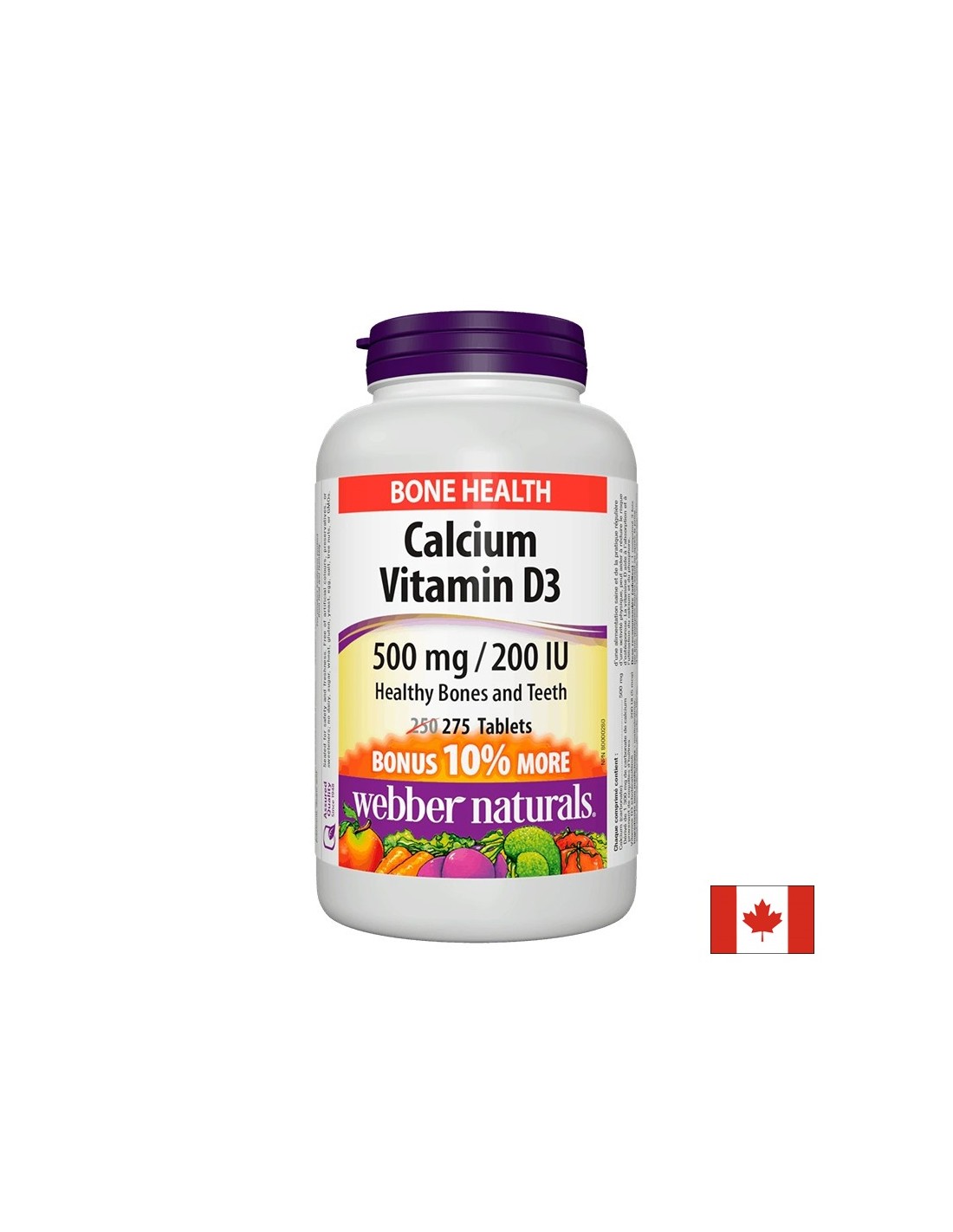 Калций 500 mg + Витамин D3 200 IU - За здрави кости и зъби, 275 таблетки