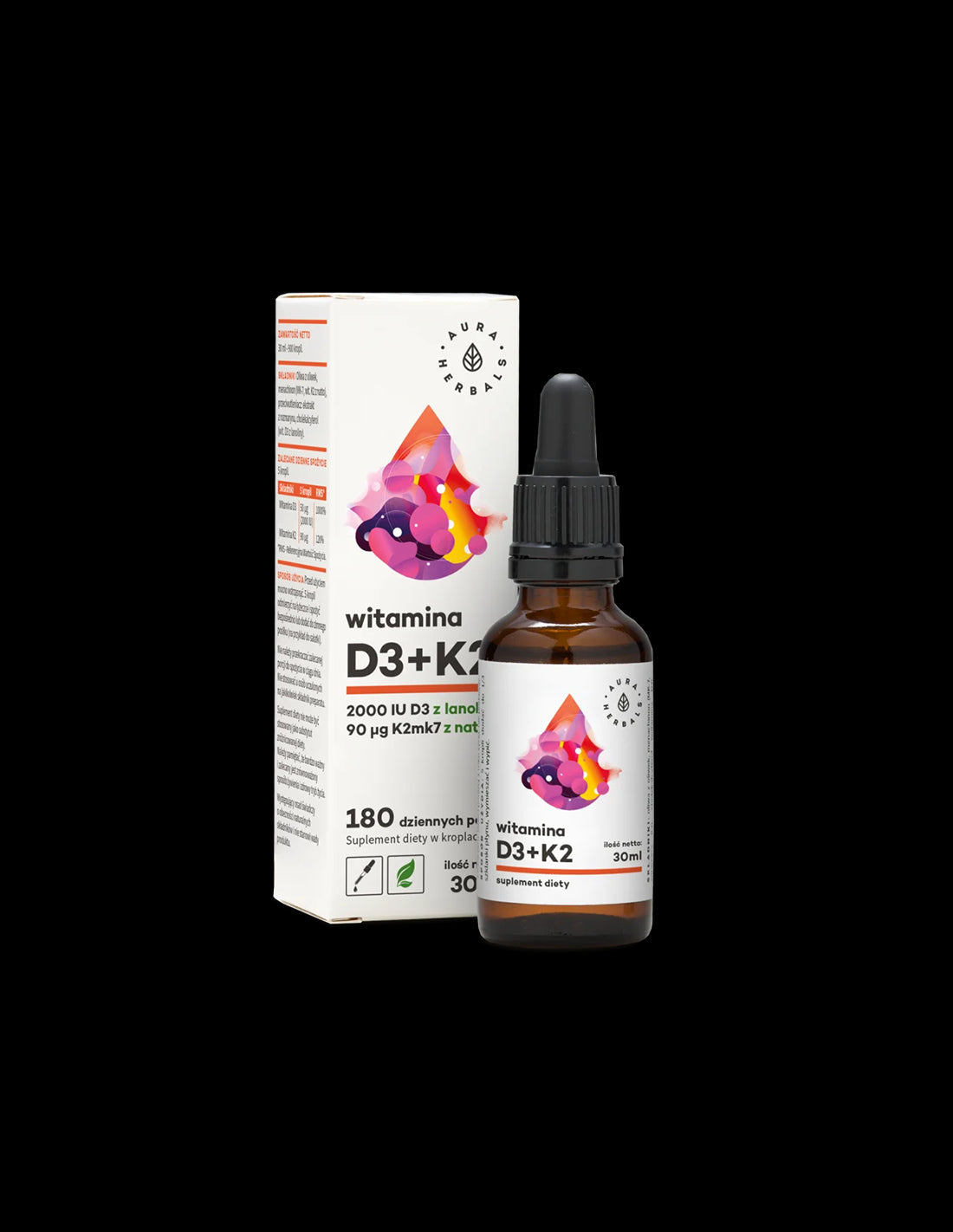 Кости и зъби - Витамин D3 + K2, 30 ml капки Aura Herbals - Feel You