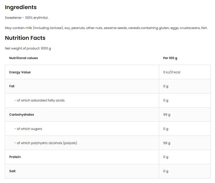 Erythritol / Sugar Free Sugar - 1000 грама