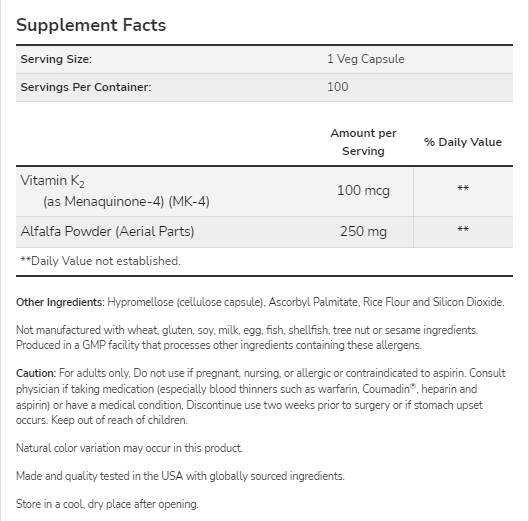 Vitaminas K -2 100 mcg - 250 kapsulės