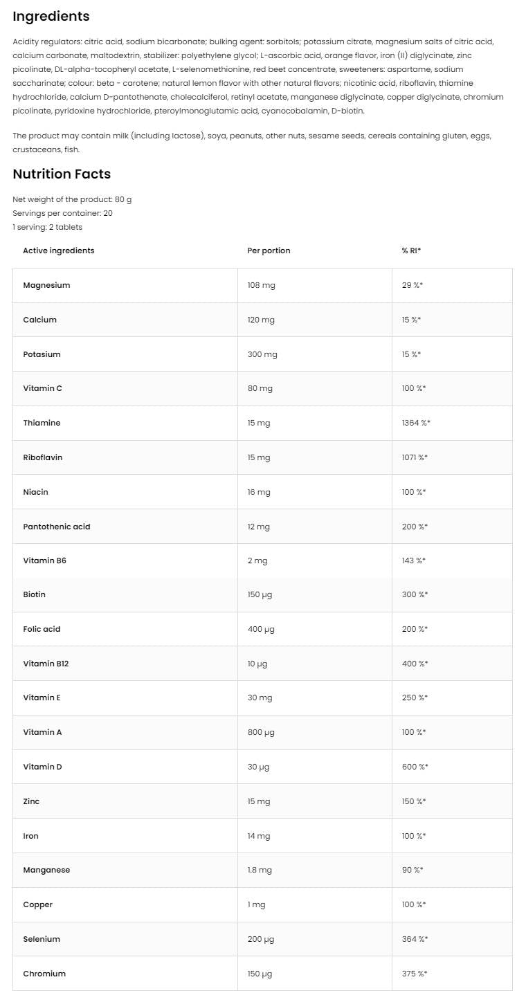 Vitaontriders | Äschencentcent Vitaminnen a Minerals 20 sluble Pëllen