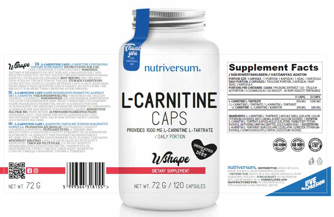 L-Carnitine Caps 500 mg 120 капсули - Feel You