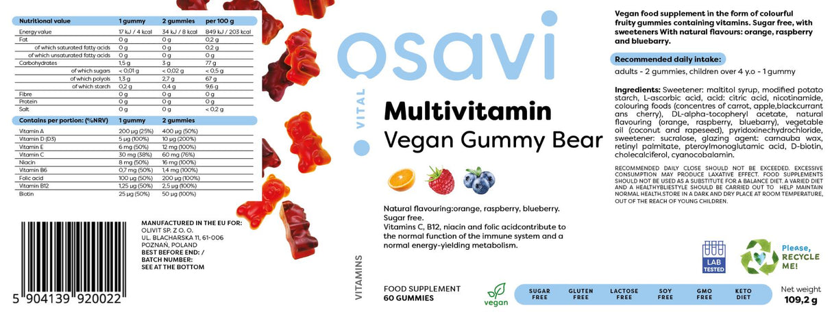 Multivitamin Vegan Gummy Bear | Orange, Raspberry, Blueberry - 60 желирани бонбони - Feel You