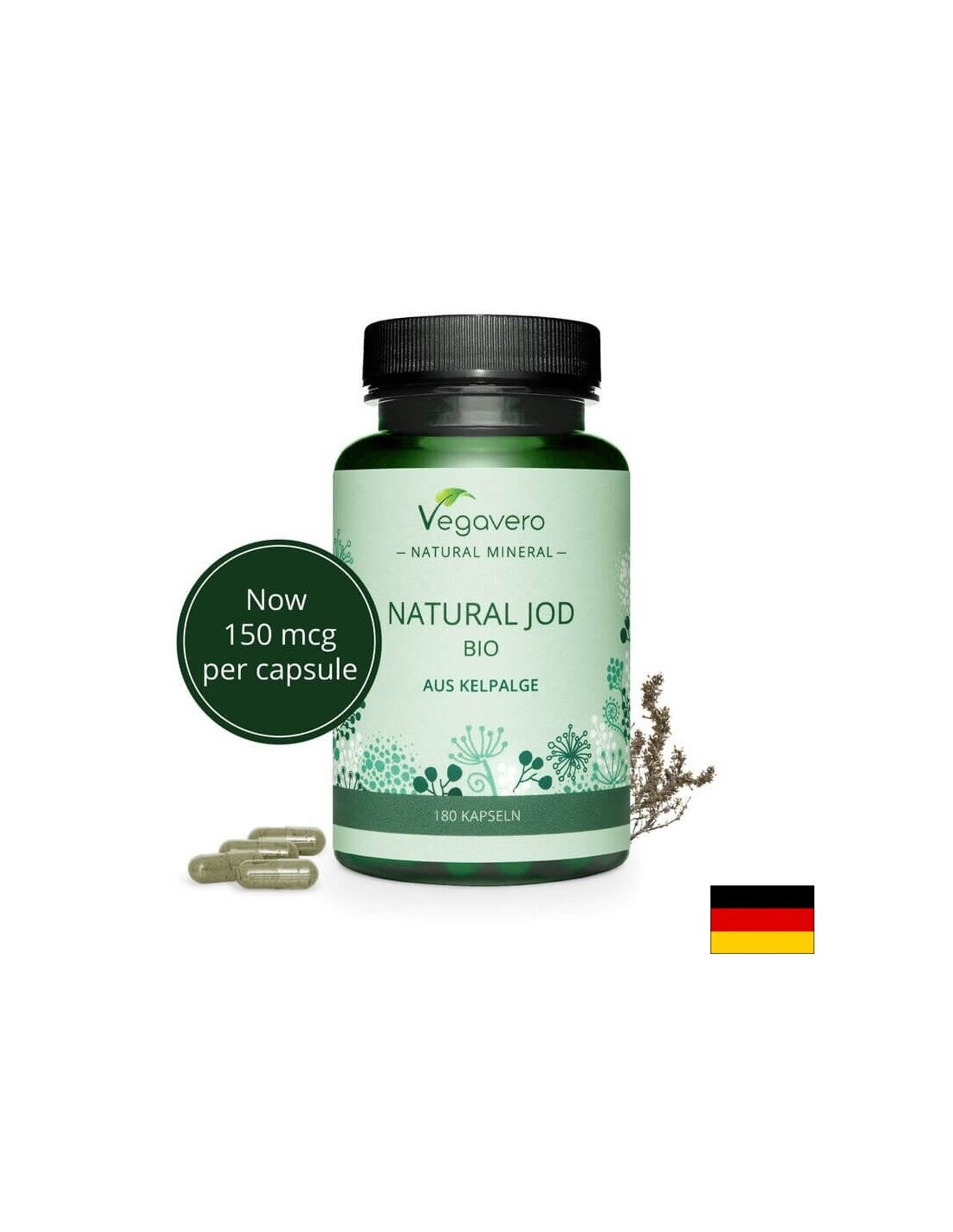 Natural Jod Bio Aus Kelpalge/ Přírodní jód z organických řas, 180 kapslí, 100% Vegan <tc>Vegavero</tc>
