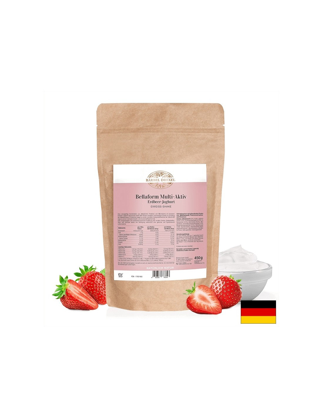 Natural protein shake powder - Dietary, healthy and filling, 450 g, with strawberry yogurt flavor