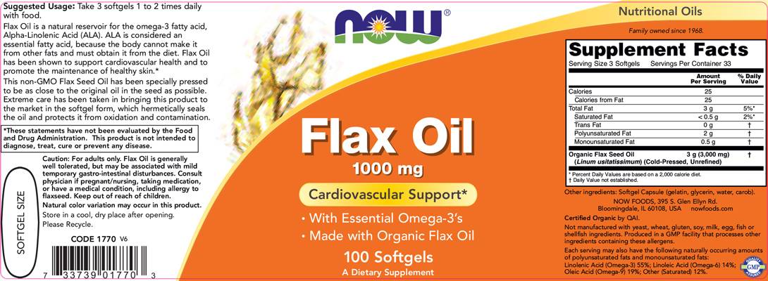 Flax Oil Organic 1000 mg - 100 gel capsules