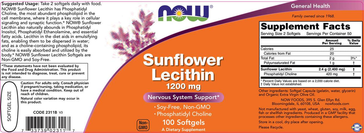 Sunflower Lecithin 1200 mg - 100 gel capsules