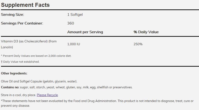 Vitamin D -3 1000 IU - 180 Gel Capsules