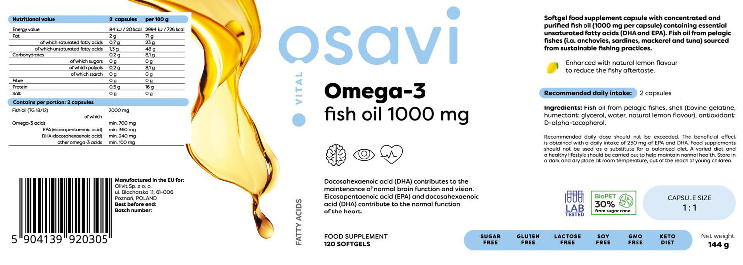 Omega 3 aceite de pescado 1000 mg/sabor a limón - 120 cápsulas de gel