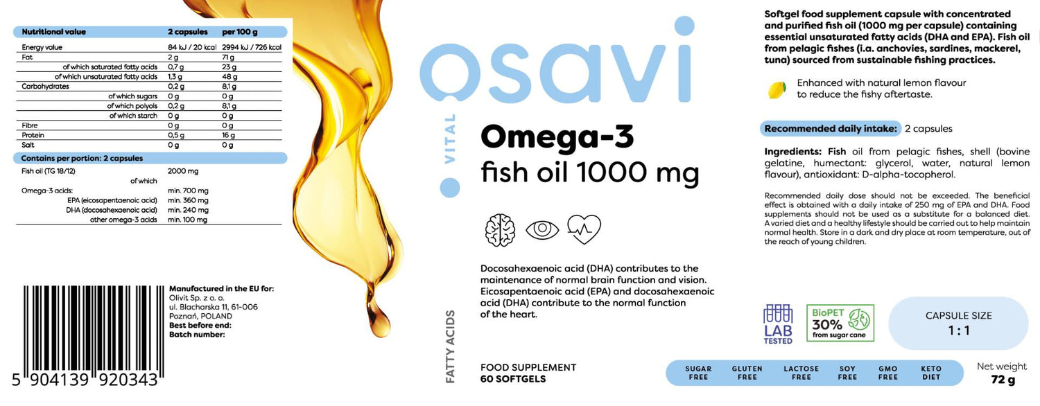 Omega 3 aceite de pescado 1000 mg/sabor a limón - 60 cápsulas de gel