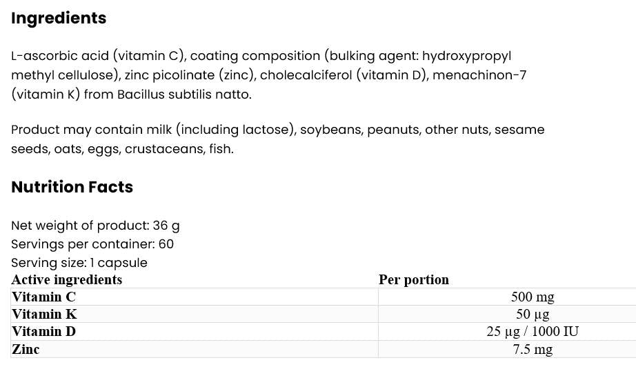 Vitamin D3 2000 + K2 MK-7 / + Vitamin C + Zinc 60 капсули