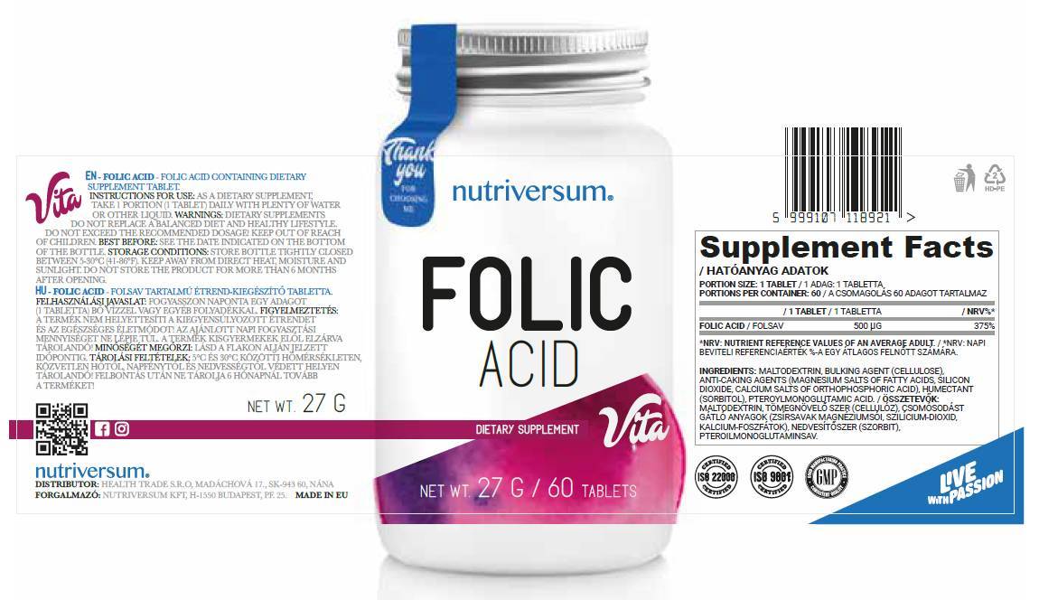 FOLIC ACID 500 MCG - 30 tablets