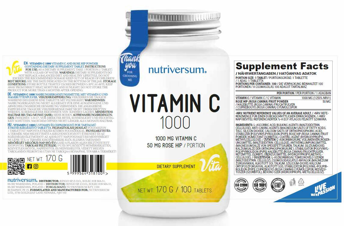 Vitamin C 1000 | Mat rose Hüften - 30 Pëllen