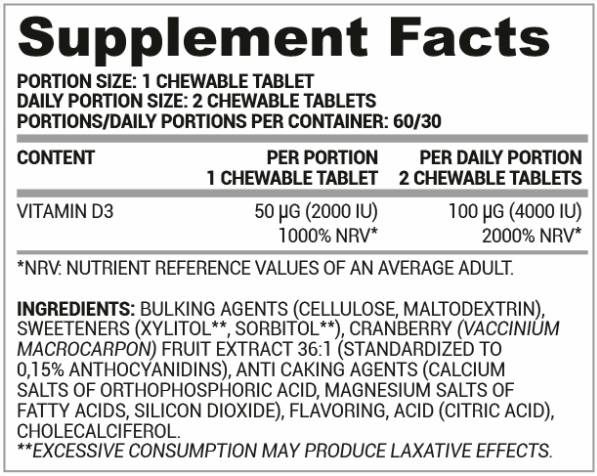 Vitamin D3 2000 | Chewable 60 Дъвчащи таблетки - Feel You