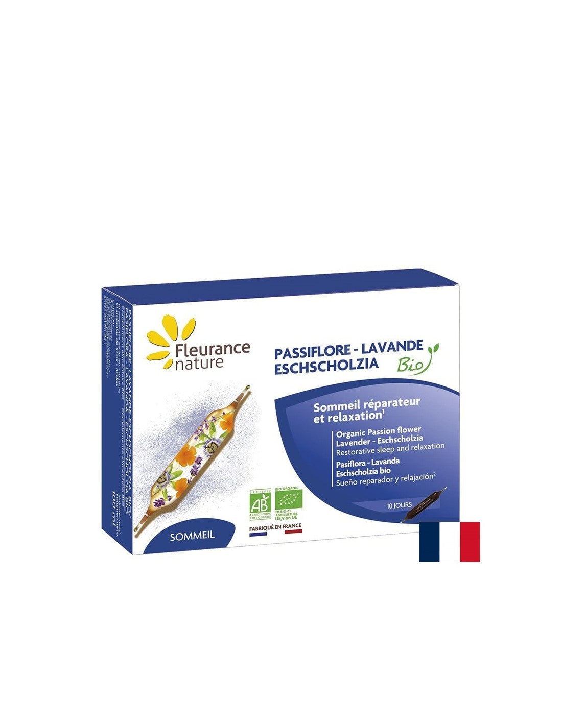Relaxarea sistemului nervos - Pasifloră, Lavandă, Escholtia Bio, 10 fiole de băut Fleurance Nature
