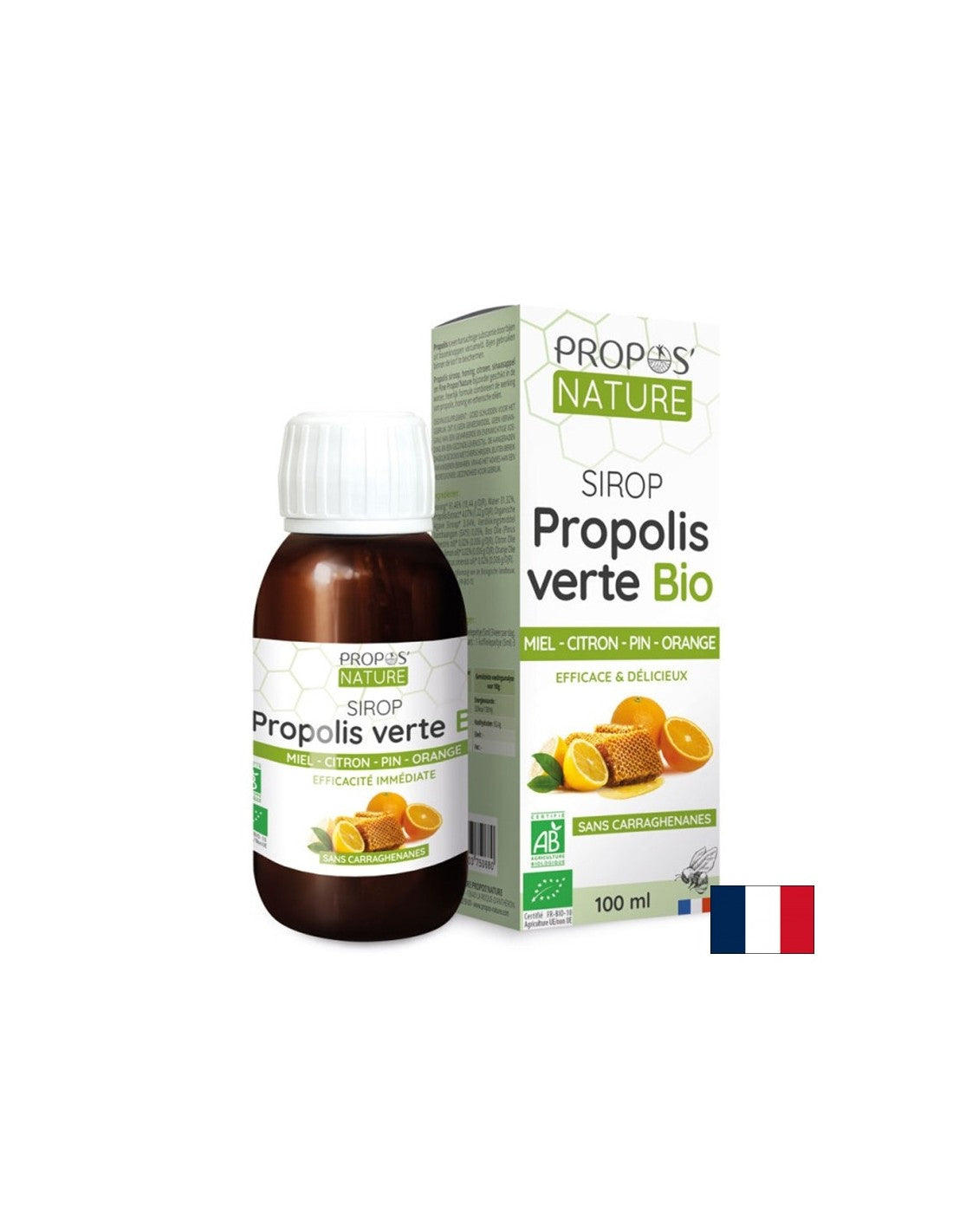 Sciroppo con estratto di propoli, miele e oli essenziali di pino marittimo, limone e arancione, 100 ml