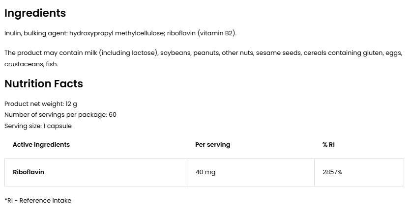 Vitamin B2 Riboflavin 40 mg - 60 capsules