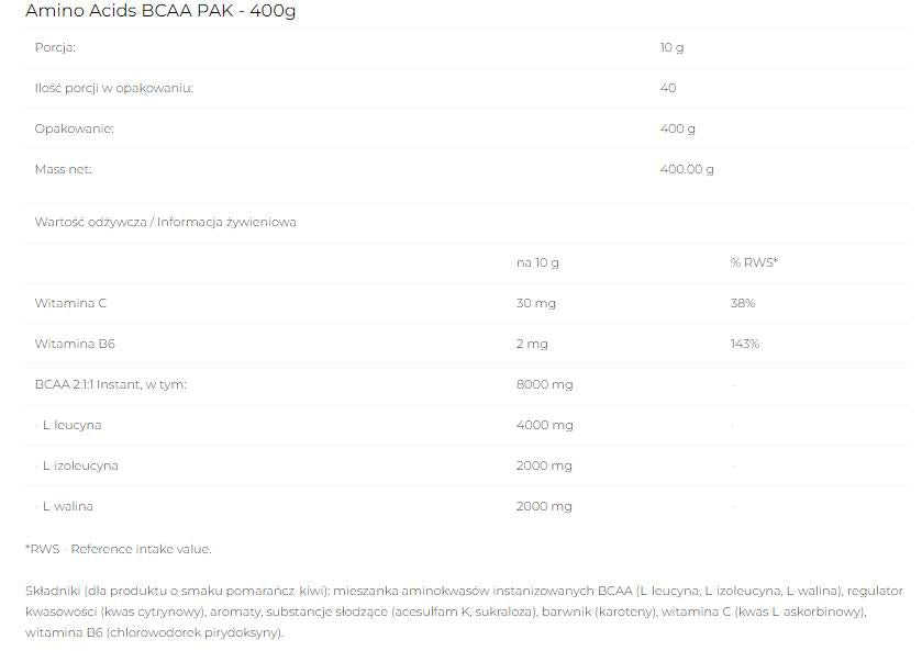 BCAA PAK 2: 1: 1 Instant - 400 grams