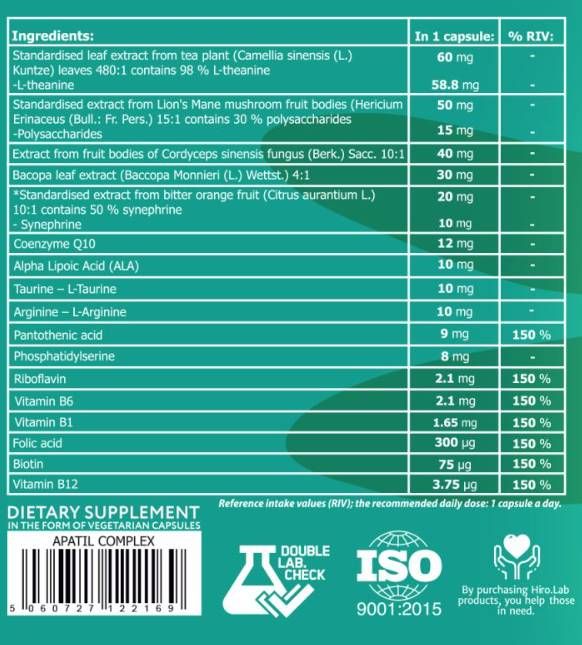 „Apatib“ kompleksas | Su l -theanine, liūto mane ir bacopa - 30 kapsulių