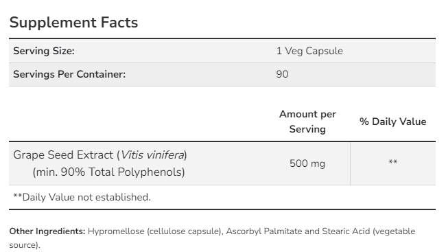 Vynuogių sėklų ekstraktas 500 mg Maksimalus stipris - 90 kapsulių