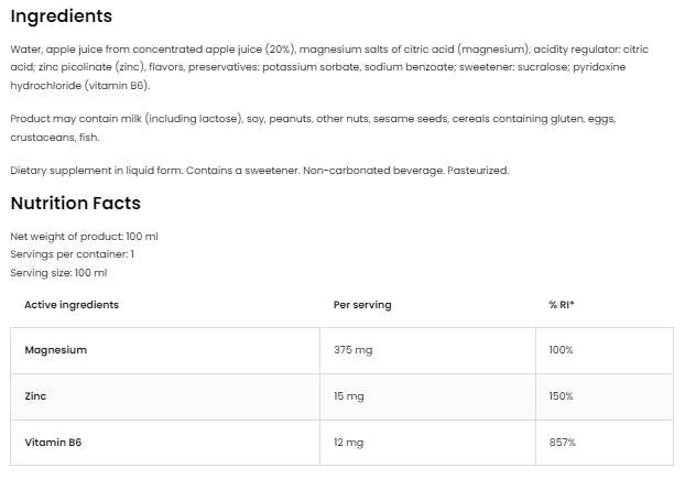 Magnesium + Zn + B6 Shot - 100 мл
