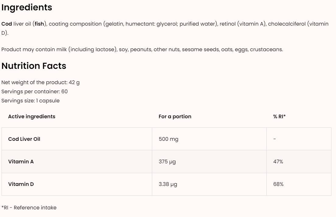 Óleo de fígado de bacalhau 500 mg 60 cápsulas de gel