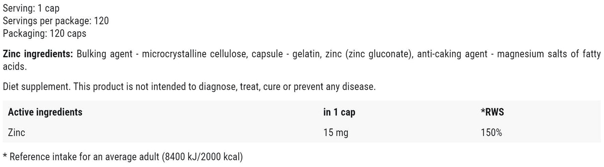 Zinc 15 mg | as Zinc Gluconate - 120 капсули - Feel You