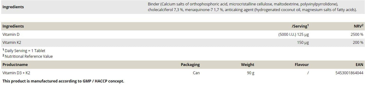 Vitamin D3 + C2 120 Pëllen