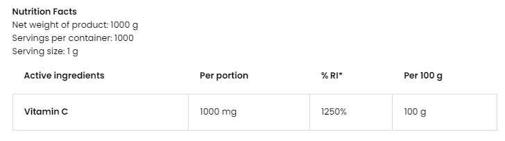 100% de vitamina C em pó - 500 gramas