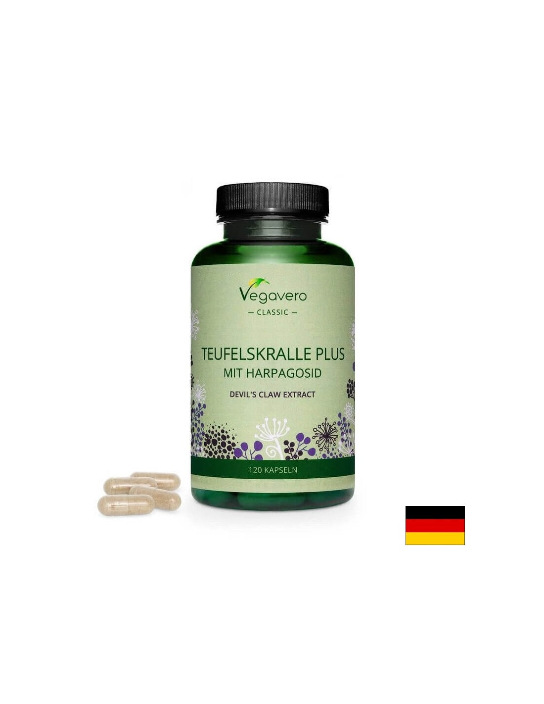 Teufelskralle Plus Mit Harpagosid/ Bylinné složení s ďábelským drápem, bílou vrbou a zázvorem, 120 kapslí, 100% Vegan <tc>Vegavero</tc>