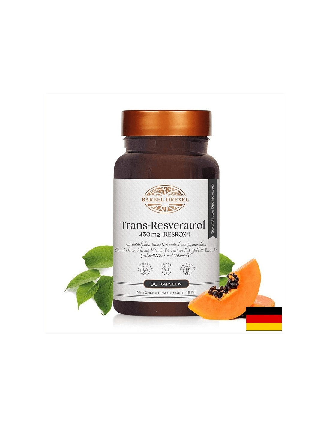 Trans -reseratrol de resrox® - Fórmula de antigüense y cardioprotectores de corazón y corazón, 450 mg, 30 cápsulas