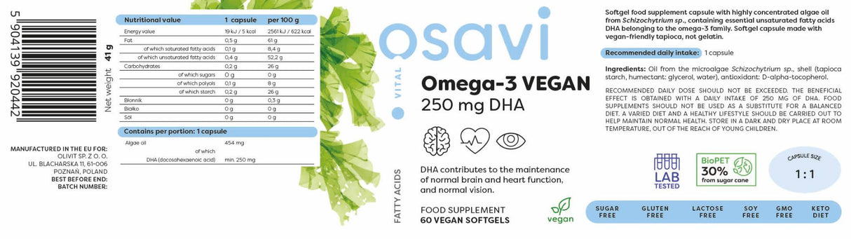 Ωμέγα-3 vegan | 250 mg DHA - 60 κάψουλες γέλης