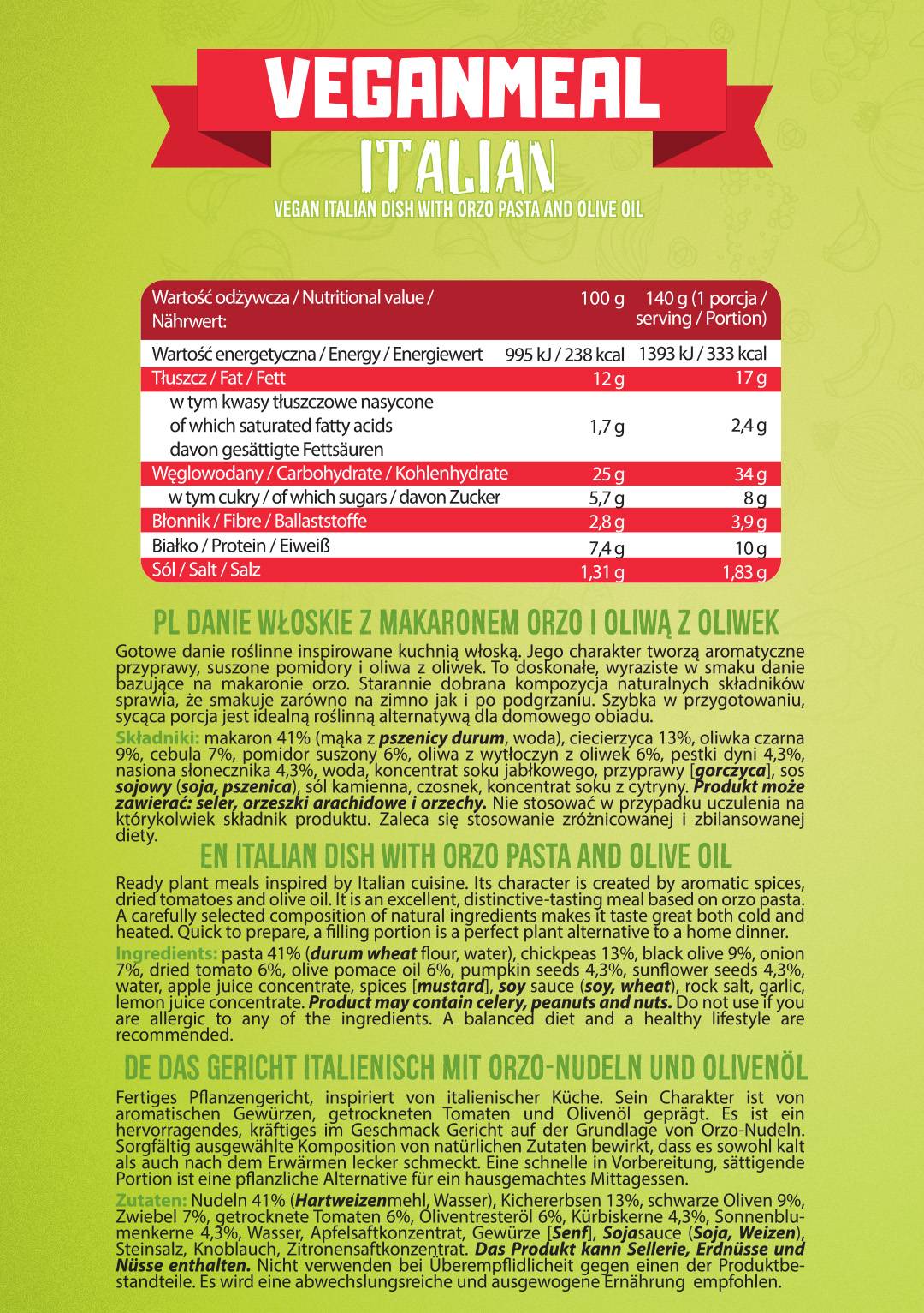 Italiano veganmeal | Refeição de alta proteína pronta para consumo-280 gramas