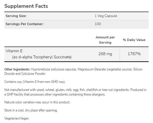 Vitamina E-400 D-alfa tocopheril | Seco vegetariano - 100 cápsulas